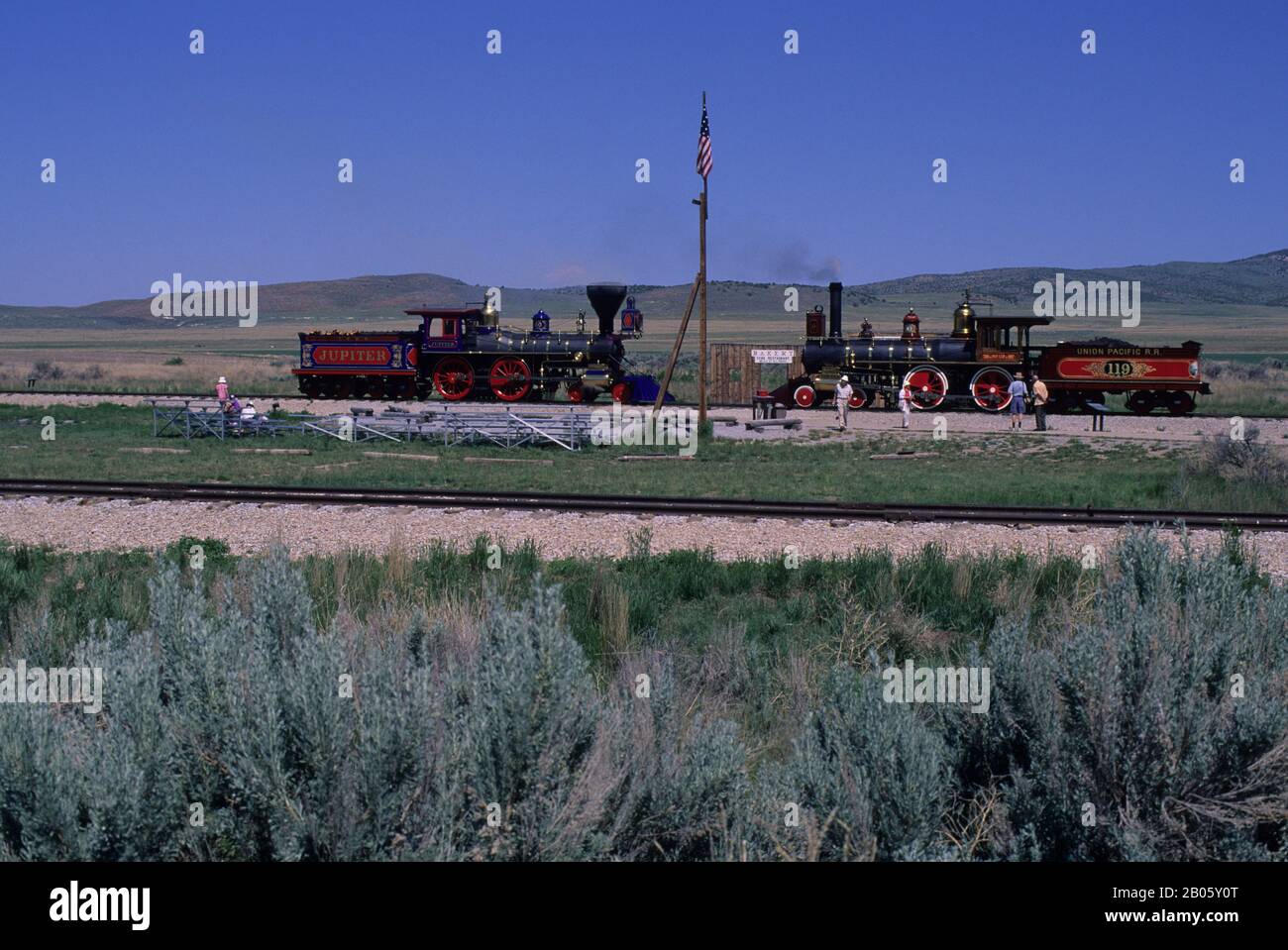 USA, UTAH, PROMONTORY POINT, GOLDEN SPIKE NATIONAL HISTORIC SITE, MEETING PLACE OF RAILROADS Stock Photo