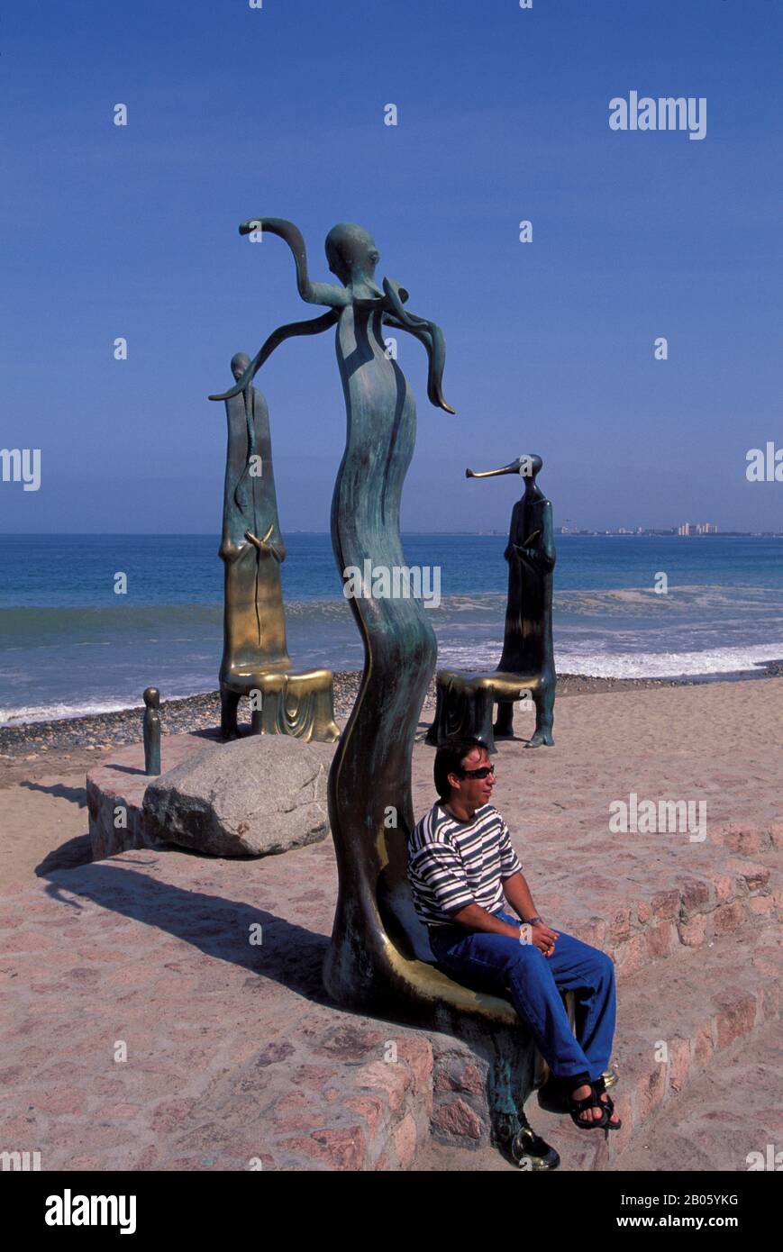 MEXICO, PUERTO VALLARTA, MALECON, WALKWAY BY BEACH, SCULPTURES Stock