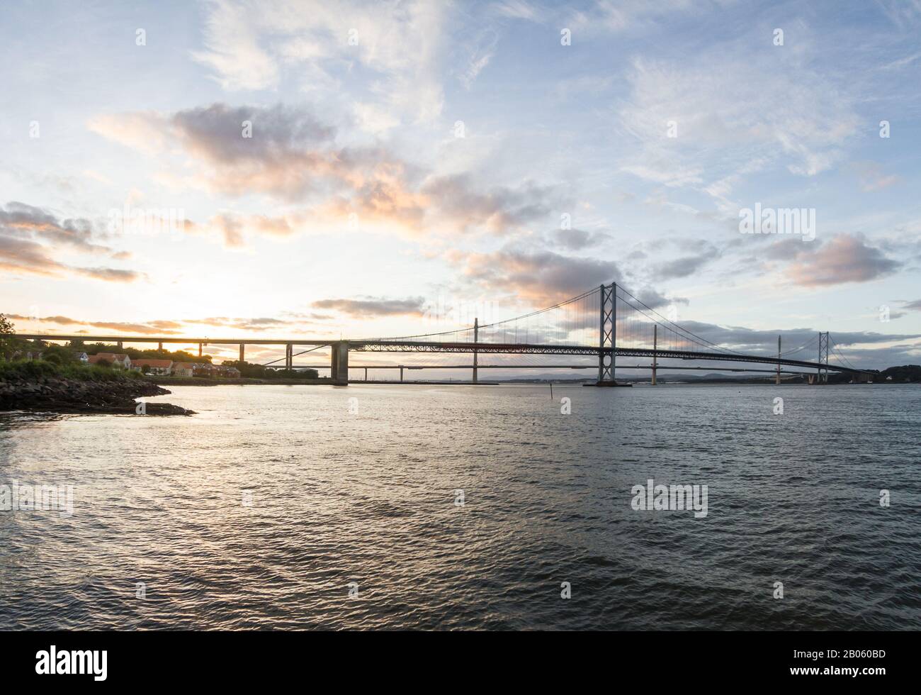 South Queensferry, Scotland  - September 16 2019: Afternoon view of the two newest of the Forth Bridges from South Queensferry, UK September 16,  2019 Stock Photo