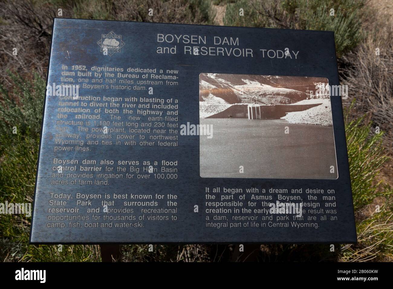 WIND RIVER CANYON, WYOMING - July 6, 2014: A metal sign detailing information about the Boysen Dam and Reservoir in the Wind River Canyon, Wyoming on Stock Photo