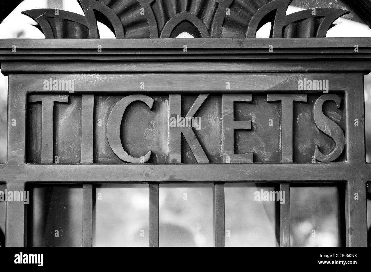 Old Ticket Window with Bars from 1930s Niore Black and White Classic Antique Stock Photo