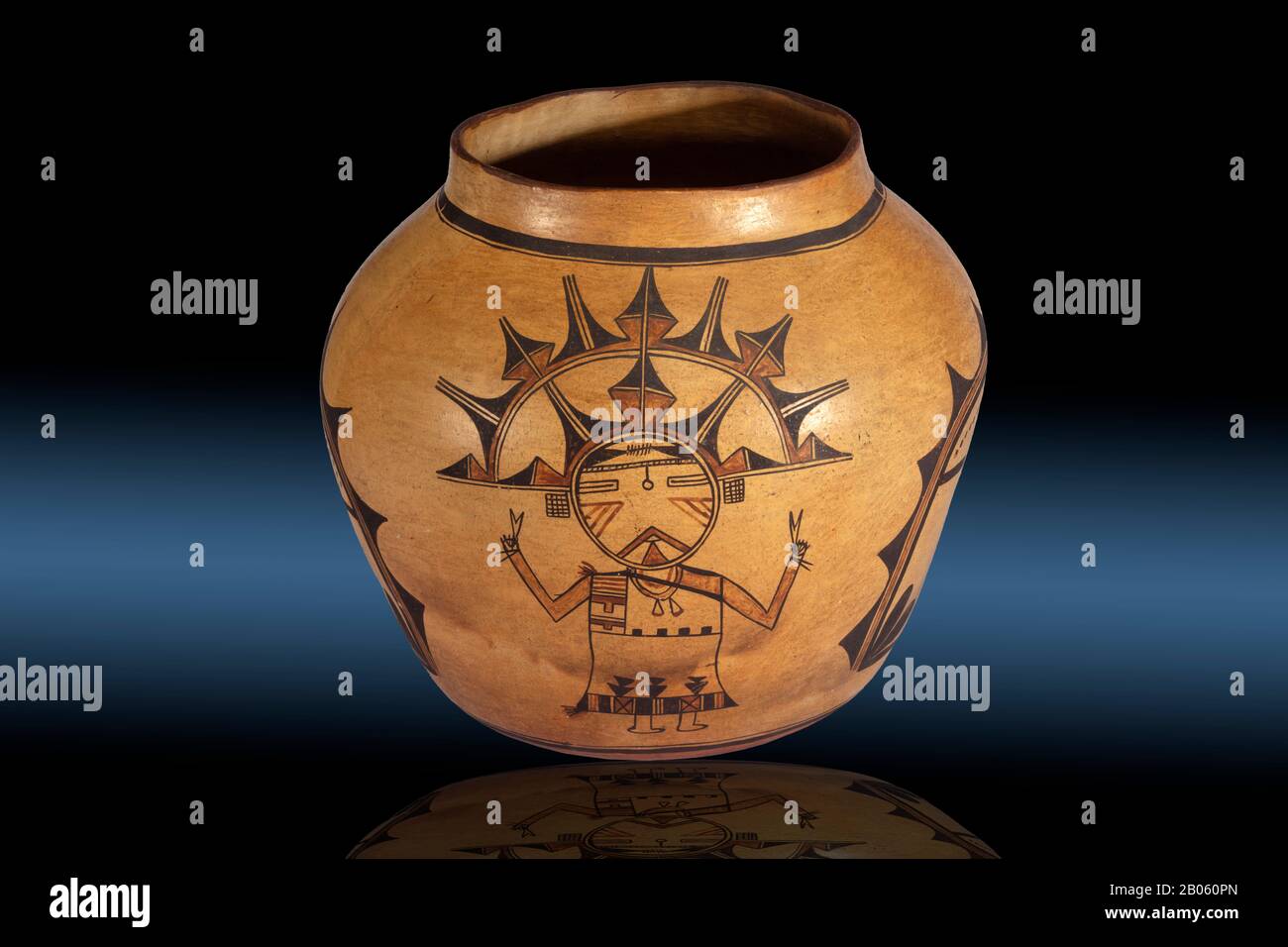 Hopi-Tewa Polacca Polychrome jar with Palhikwmana (Water Drinking Maiden) katsina and unidentified katsina, c. 1890-1900, Katsina Designs, by Nampeyo Stock Photo