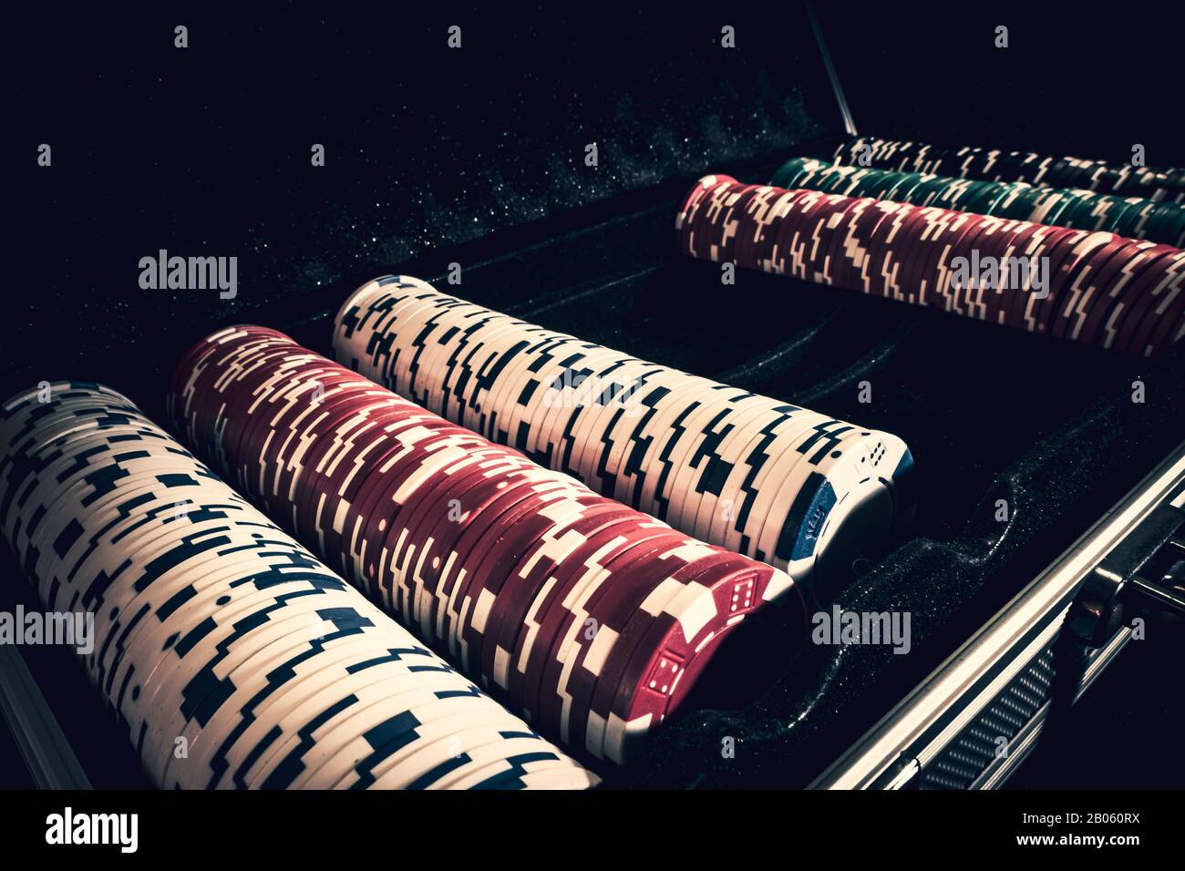 Stack of poker chips in a case Stock Photo
