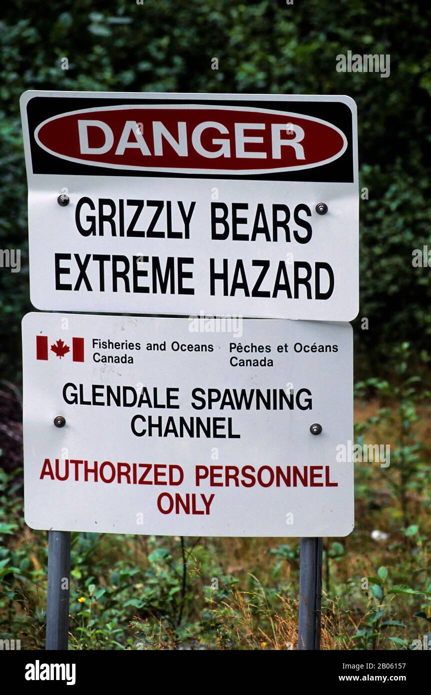 CANADA, BRITISH COLUMBIA, KNIGHT INLET, BEAR WARNING SIGN Stock Photo