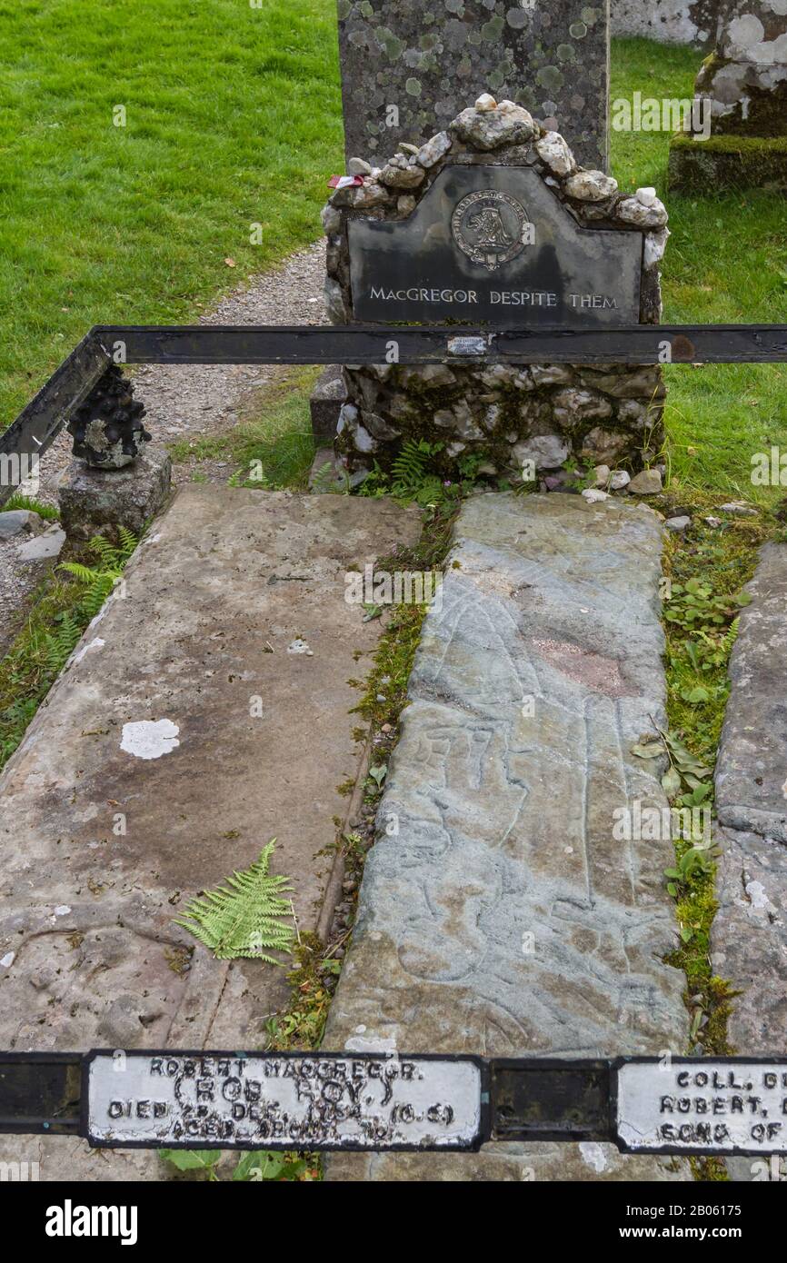 Balquhidder, Scotland - September 17 2019: Graves of Rob Roy MacGregor, his wife Mary and his sons Coll and Robin, UK September 17, 2019 Stock Photo