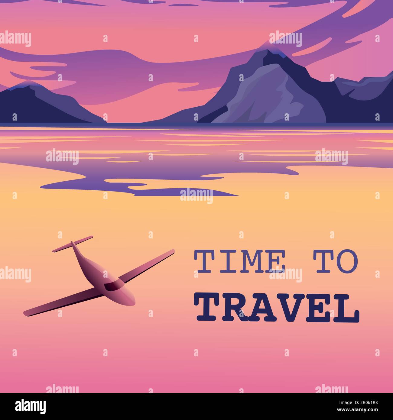 Flight to a tropical island. Poster, vector illustration Unbelievable mountain landscape. Exciting view. A great mountain is surrounded river Stock Vector