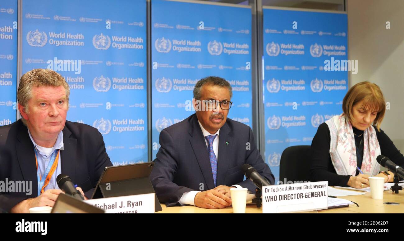 Beijing, Switzerland. 17th Feb, 2020. Dr. Tedros Adhanom Ghebreyesus (C), World Health Organization (WHO) Director-General, addresses a press conference in Geneva, Switzerland, Feb. 17, 2020. The WHO said Monday that China's latest epidemiological paper on COVID-19 is important in enabling it to provide advice to other countries. Credit: Chen Junxia/Xinhua/Alamy Live News Stock Photo