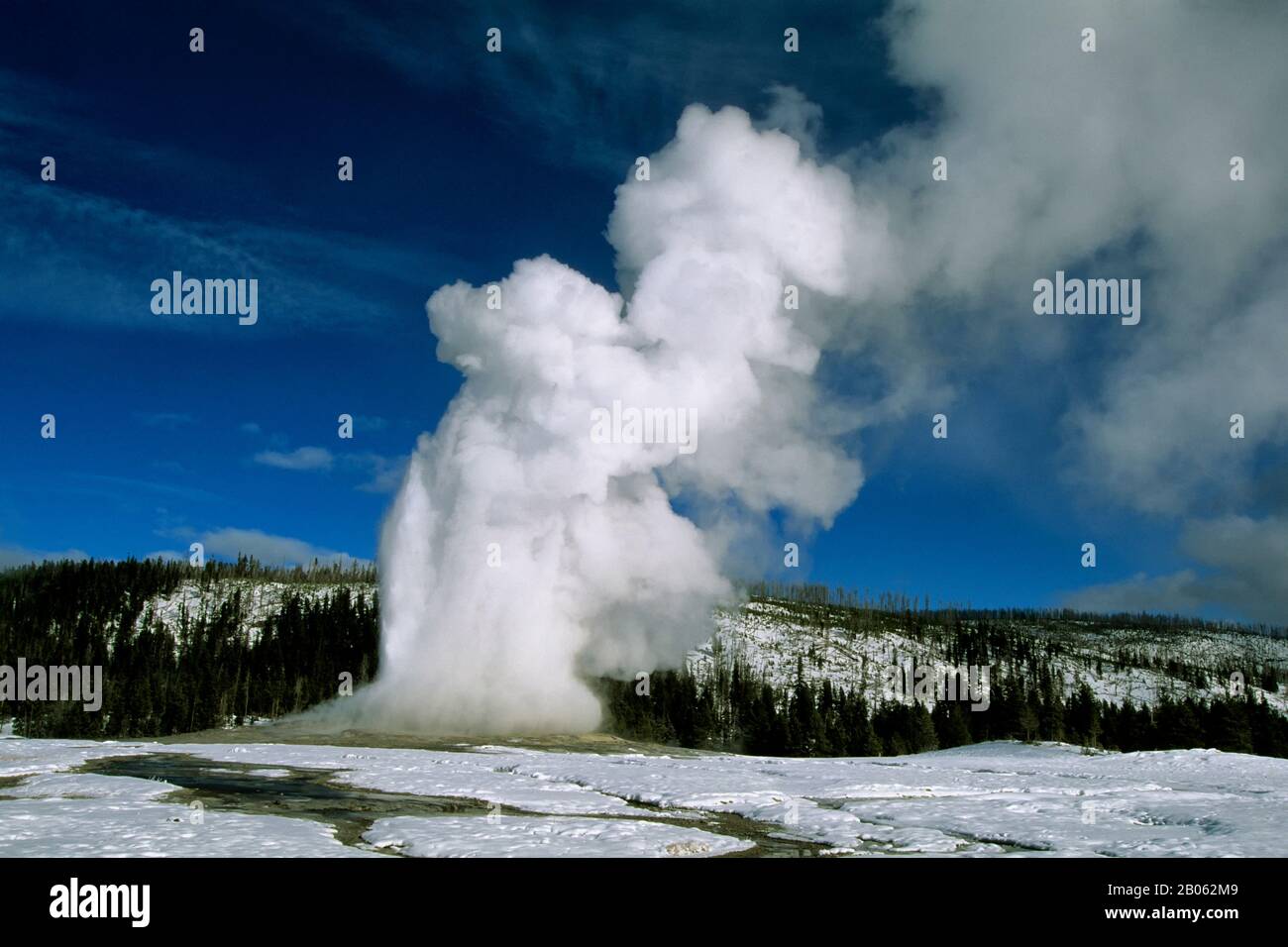 USA, WYOMING, YELLOWSTONE NATIONAL PARK, OLD FAITHFUL GEYSER ERUPTING, WINTER SCENE Stock Photo