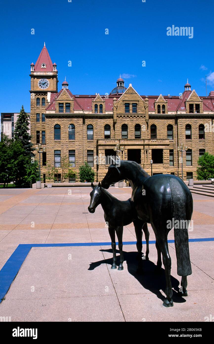 CANADA, ALBERTA, CALGARY, CITY SQUARE, HORSE STATUE, CITY HALL IN BACKGROUND Stock Photo