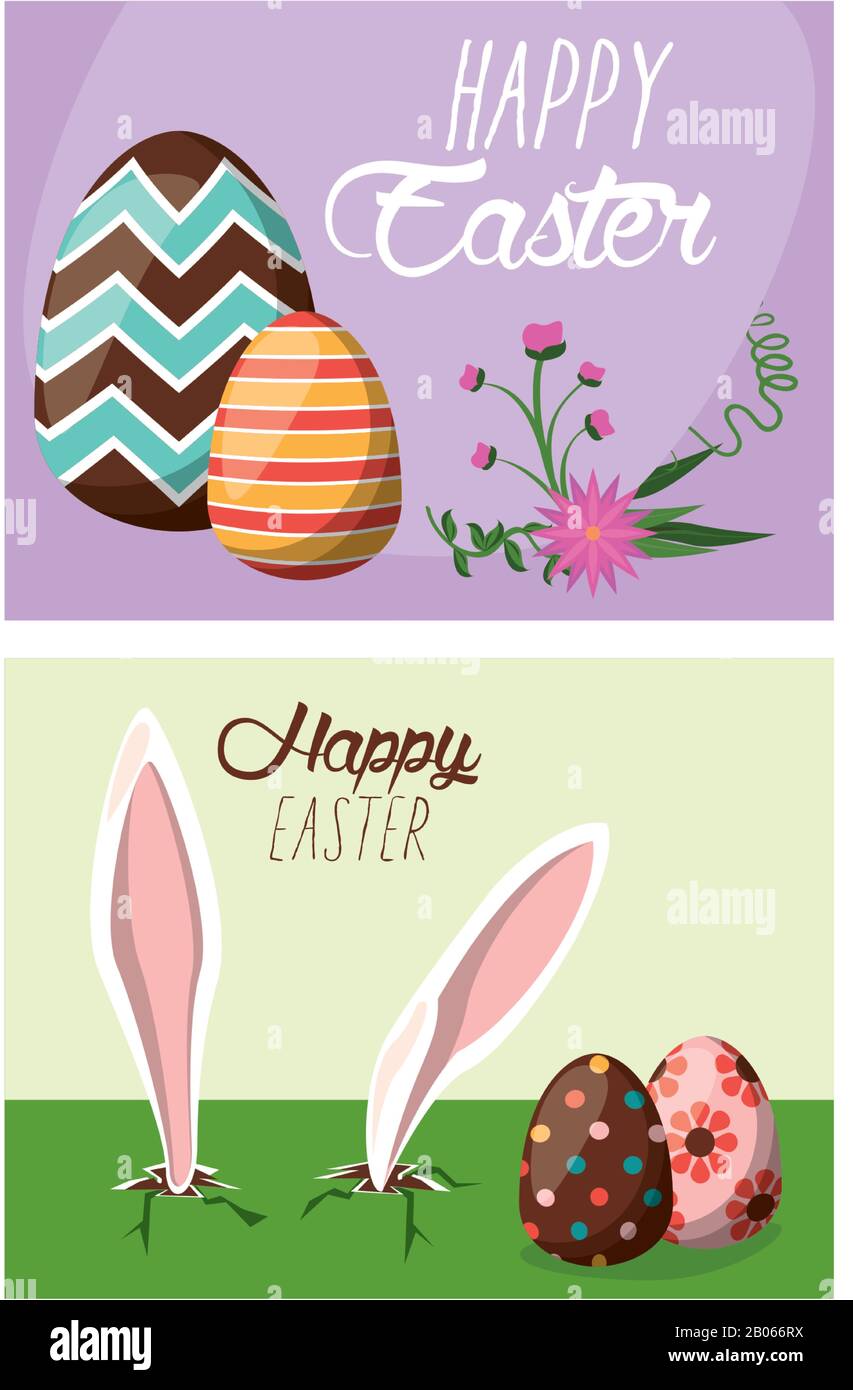 happy easter card with eggs painted and rabbits ears Stock Vector