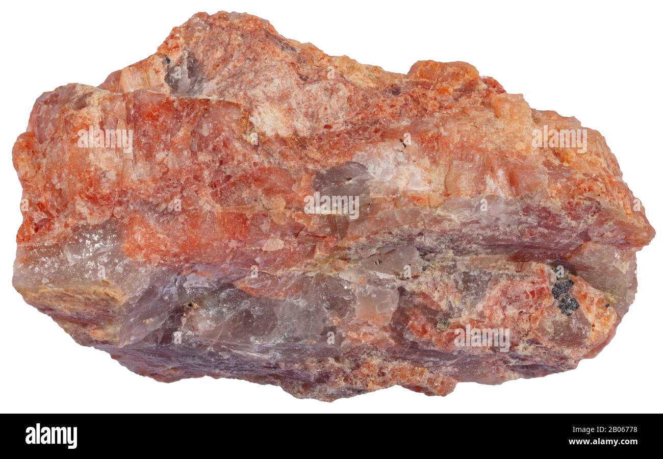 Feldspar Pegmatite, Magmatic, Grenville, Quebec Pegmatite is an igneous rock, formed underground, with interlocking crystals. Most pegmatites are comp Stock Photo