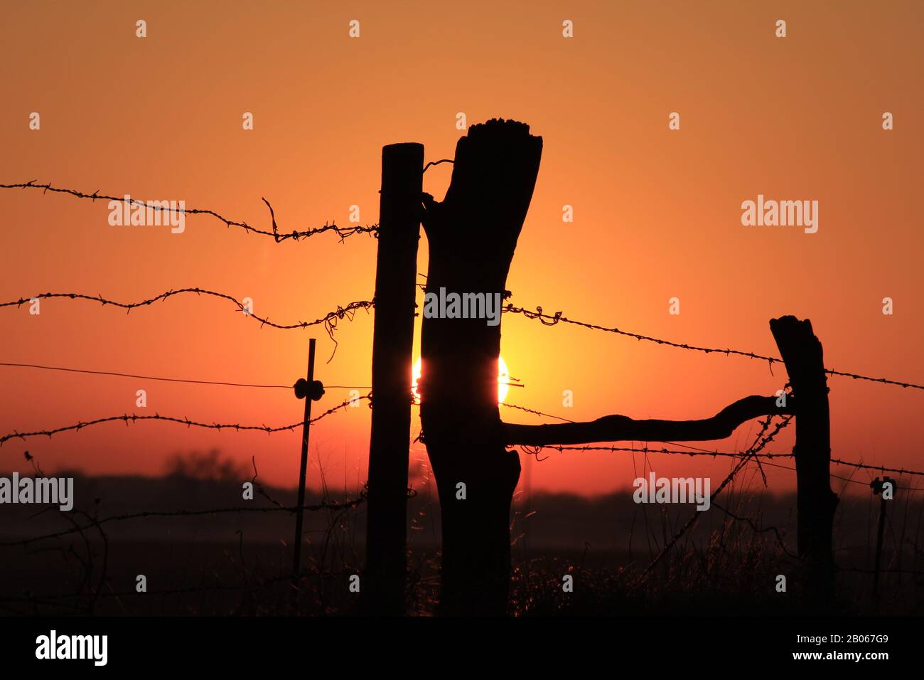 Kansas Blazing Orange and yellow Sunset  with a Fenceline Silhouette. Stock Photo