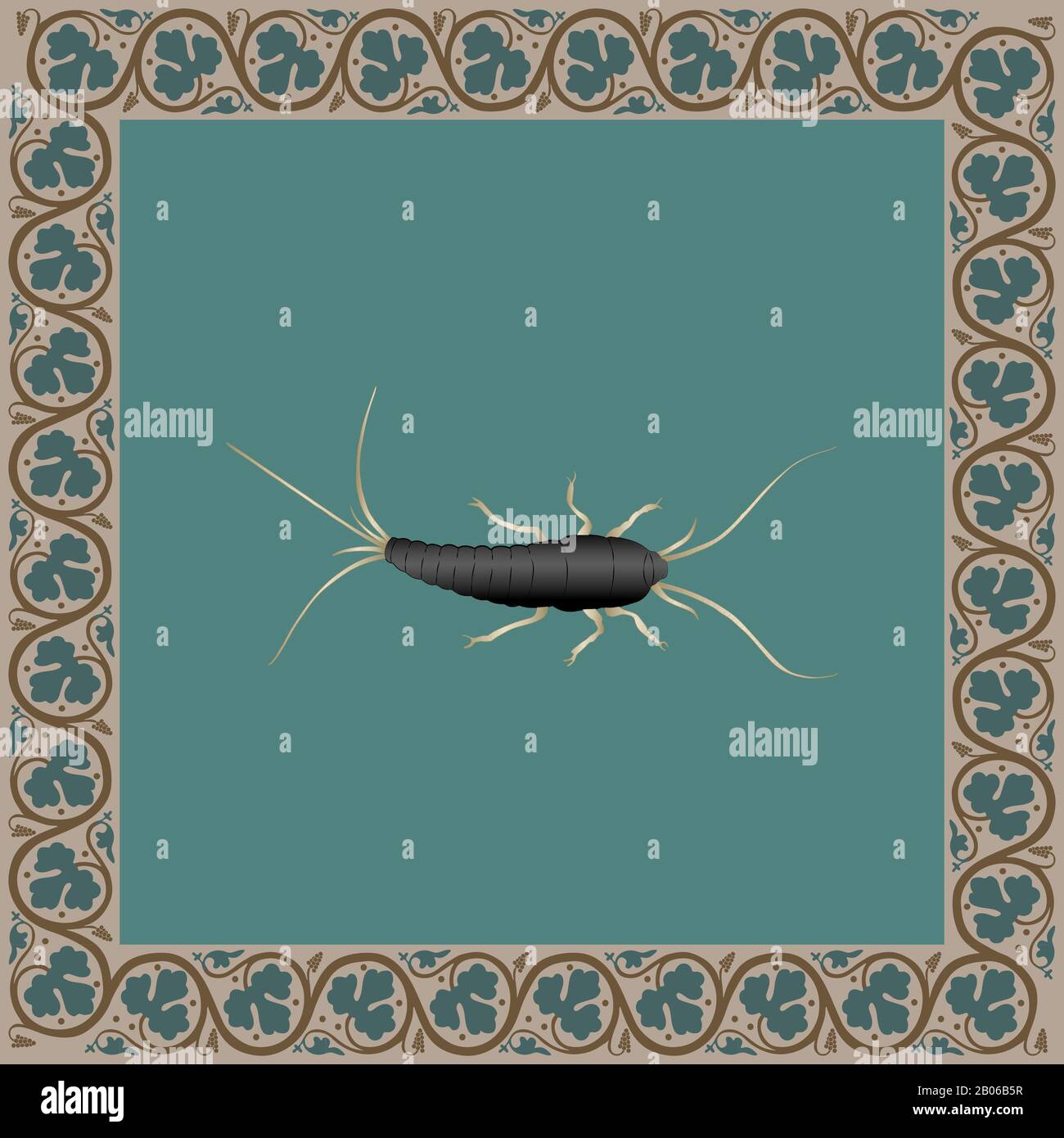 Silverfish color illustration in medieval floral frame. Vector. Stock Vector