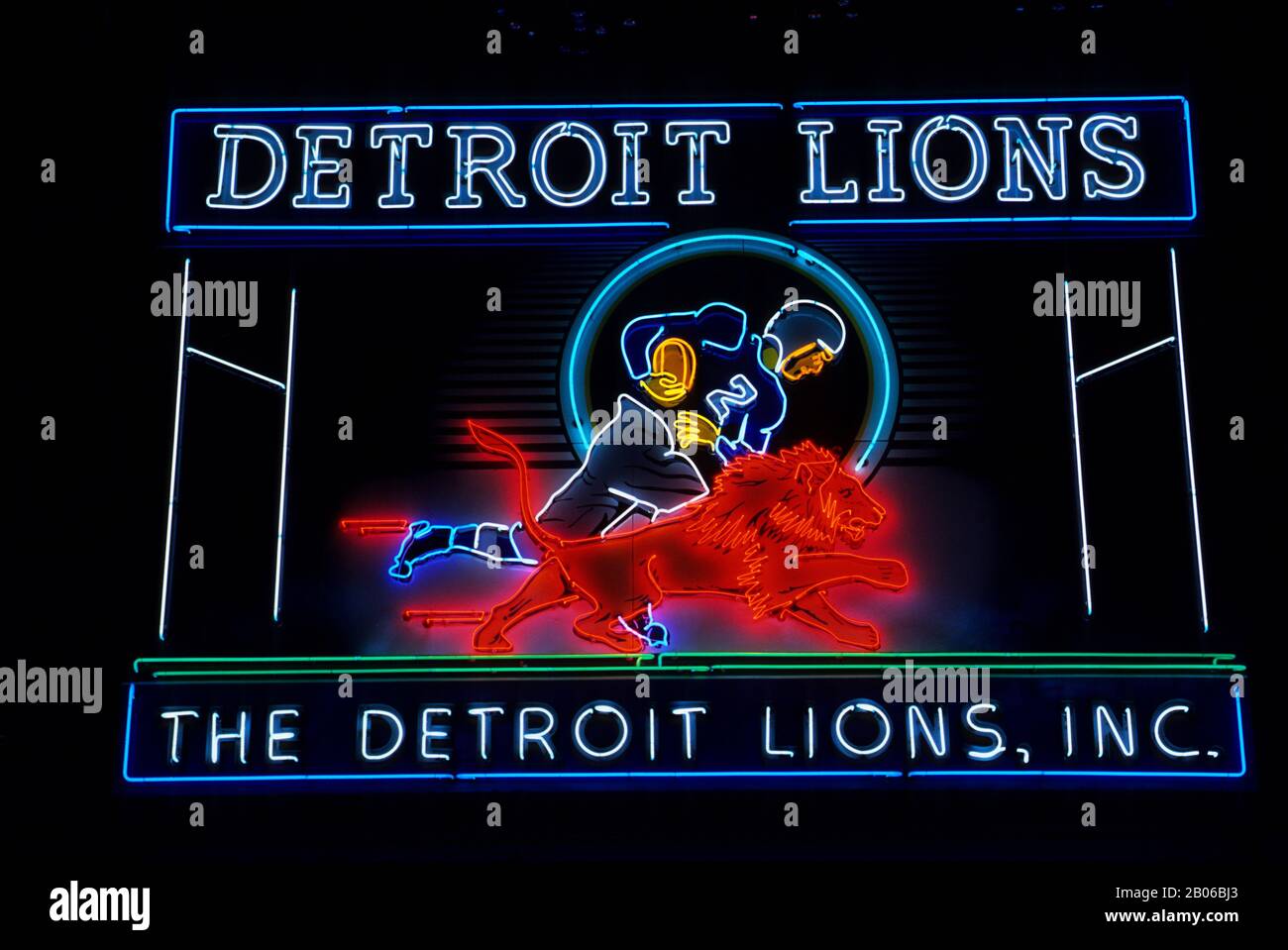 USA, MICHIGAN, DETROIT, FORD FIELD, DETROIT LIONS NEON SIGN Stock Photo