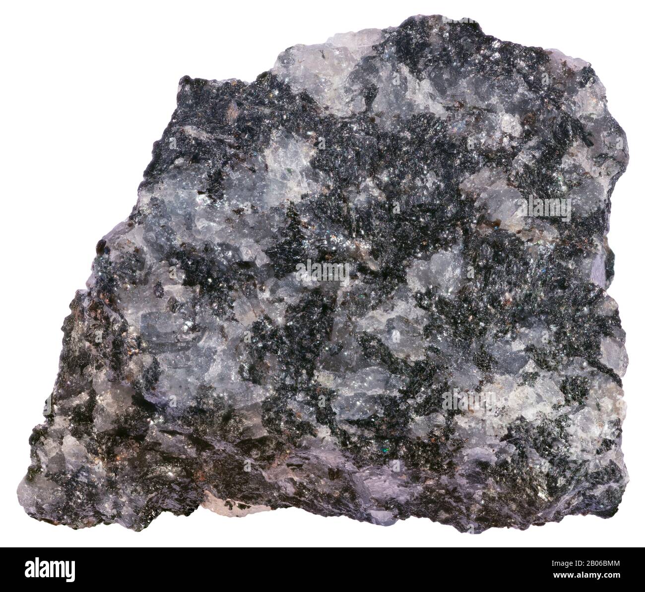 Gabrodiorite, Plutonic, Lanark, Ontario Rocks on the mineralogical boundary between gabbro and diorite. Dark-gray to black, fine- to medium-grained, e Stock Photo