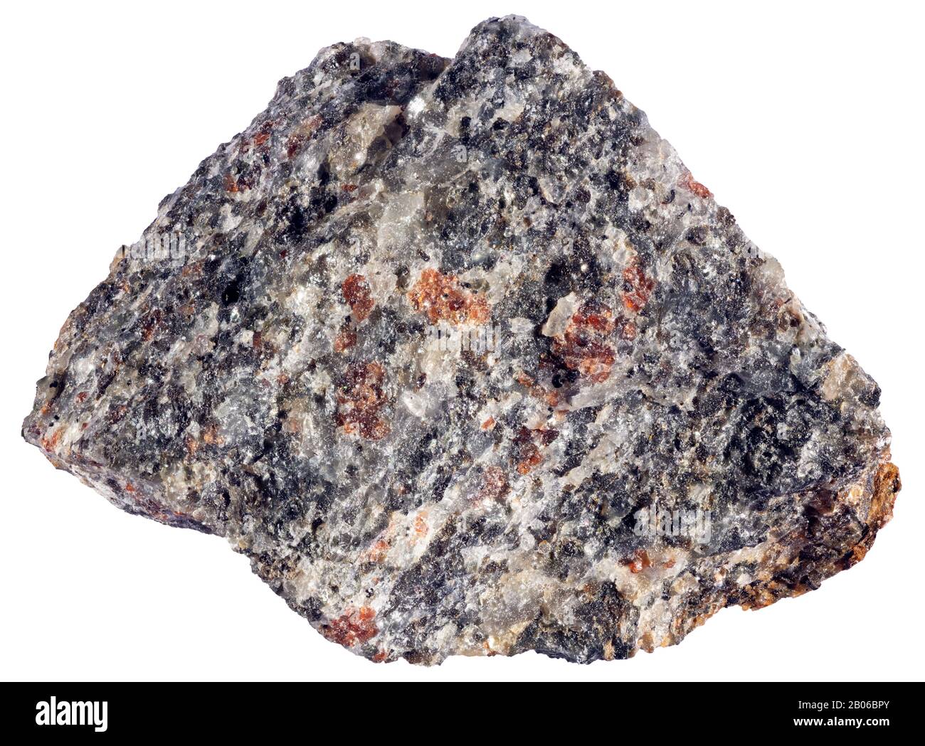 Garnet Gneiss, Non Foliated, Oka, Quebec A coarse-grained gneiss composed mainly of hornblende, plagioclase, and garnet (red). Stock Photo