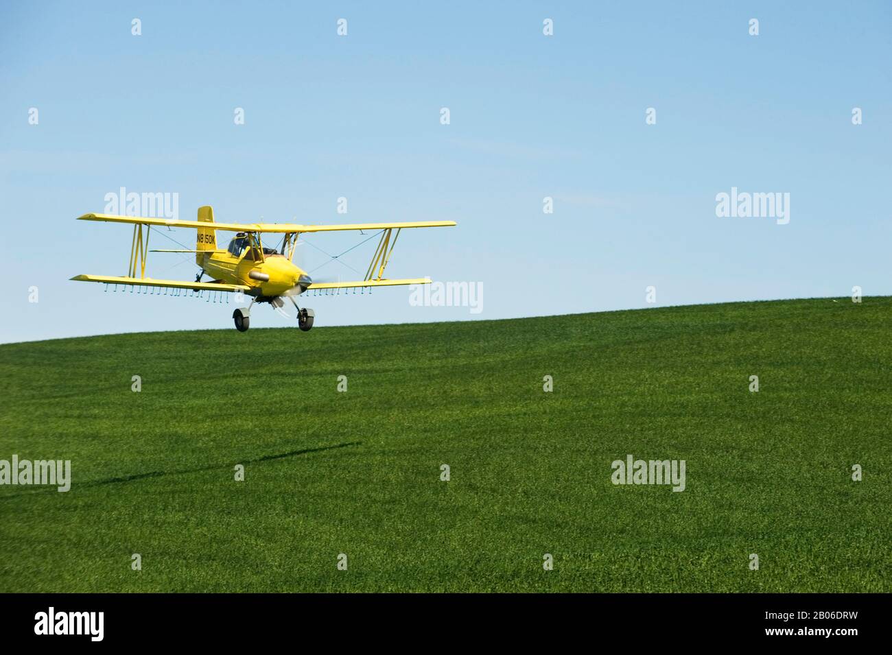 USA, IDAHO, PALOUSE AREA, NEAR MOSCOW, BI-PLANE CROP-DUSTING WHEAT FIELD WITH PESTICIDE Stock Photo