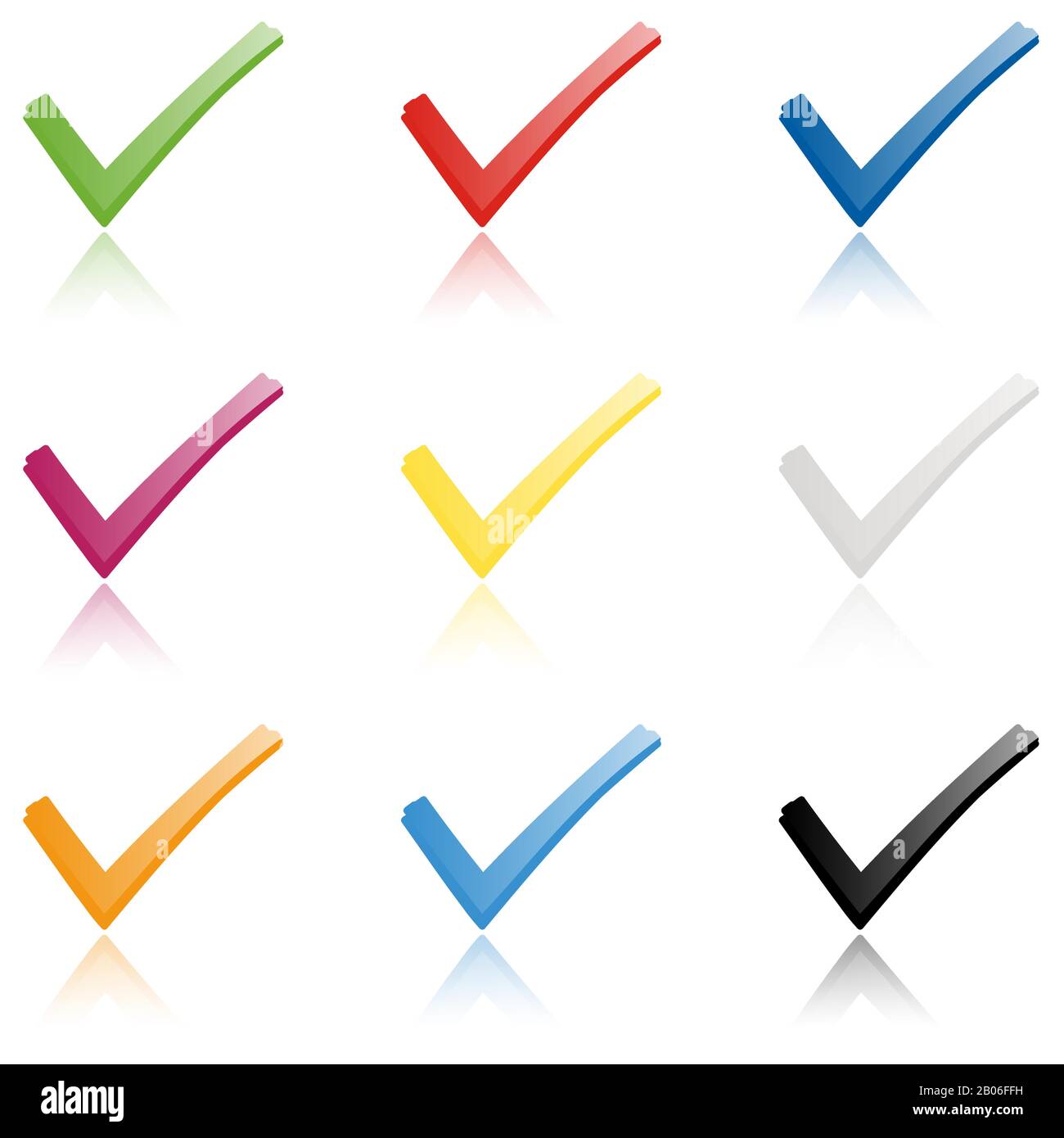 collection of colored check marks with reflection to symbolize success Stock Vector