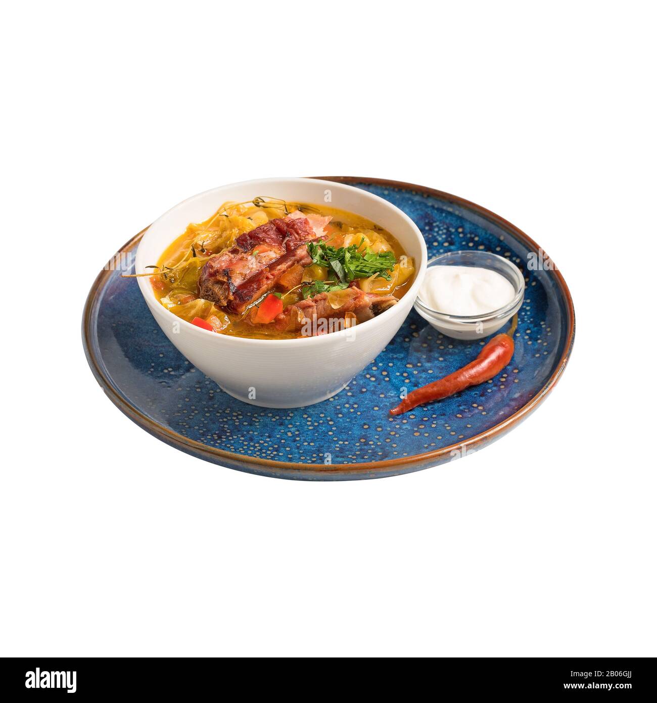 Pickled cabbage soup with pork ribs.Thai food. isolated on white Stock