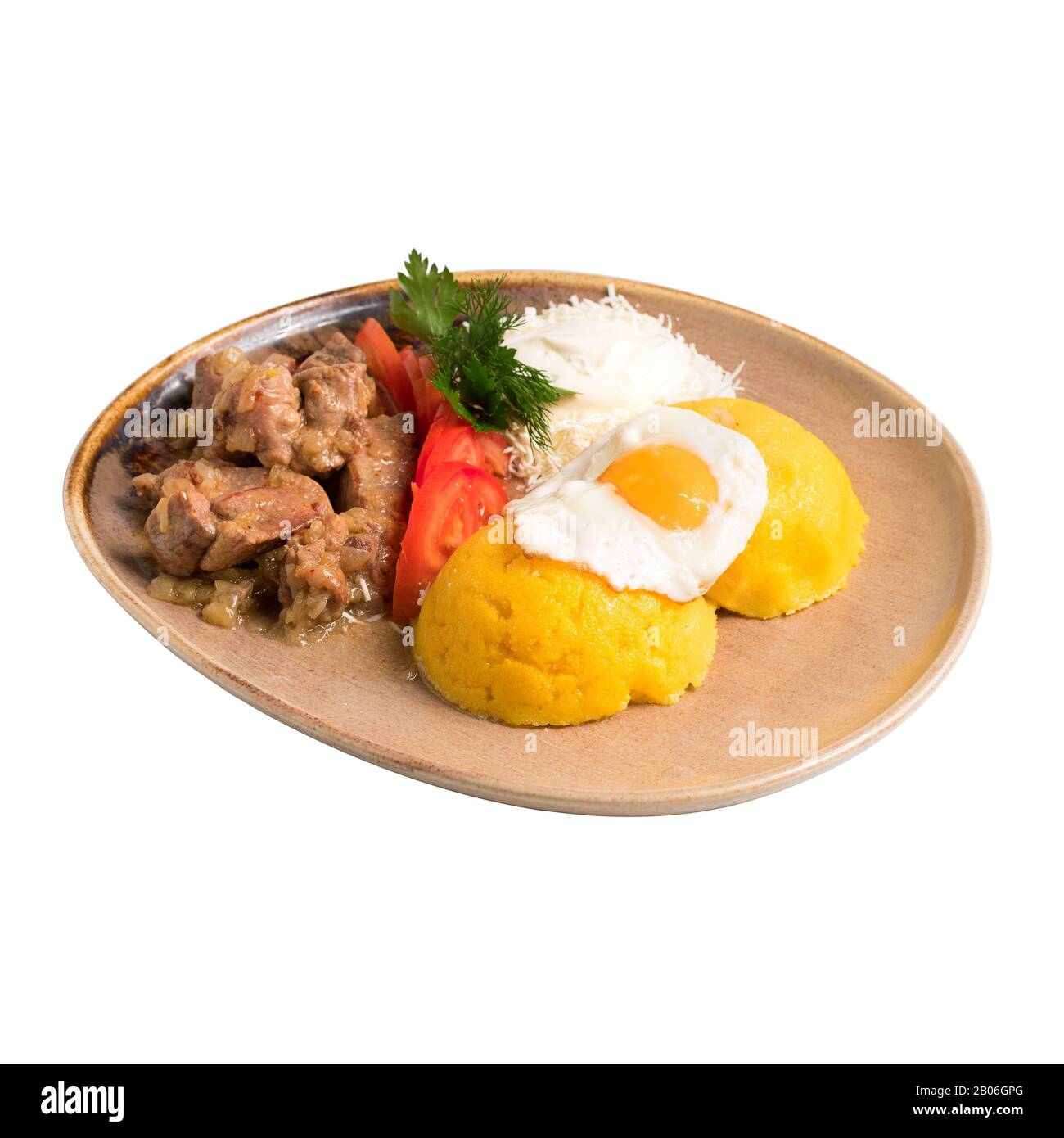 Polenta With Meat in Sauce and egg, isolated on white Stock Photo