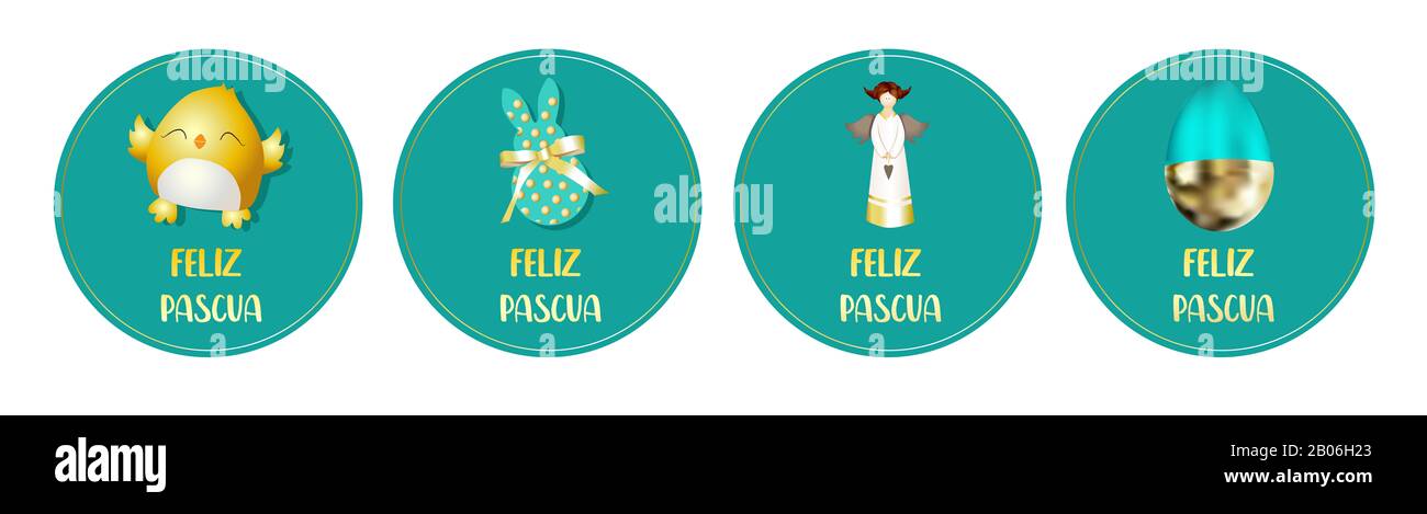 Easter stickers. Round badges. Chicken, angel, bunny rabbit. Spring design.  Translation from Spanish HAPPY EASTER Stock Photo - Alamy