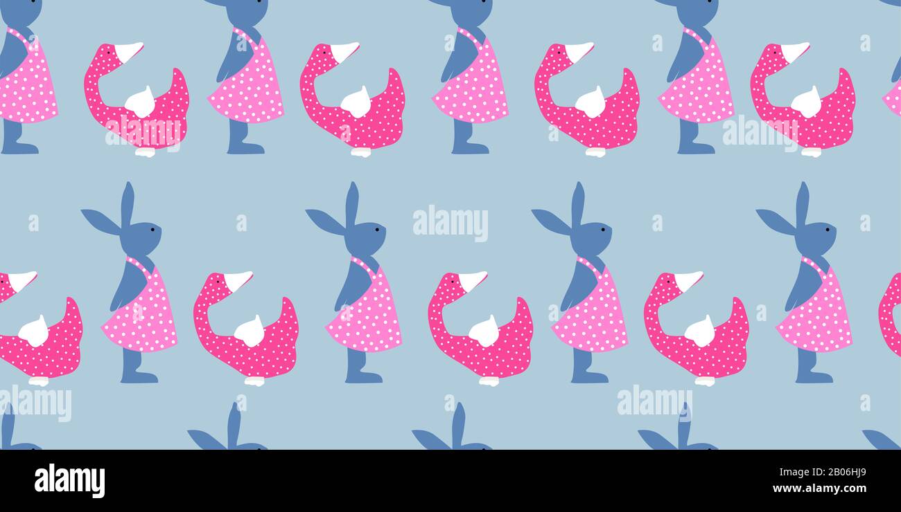 Easter background. Bright seamless pattern. Easter bunnies. Blue and pink. Stock Photo