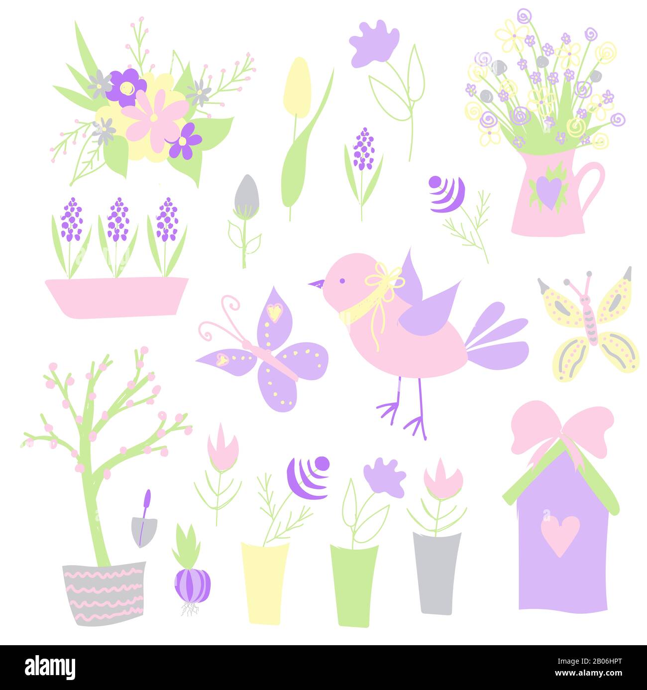 Easter. Spring stickers. Happy easter. Elements for creating postcards. Bird, flowers birdhouse Pastel colors Stock Photo