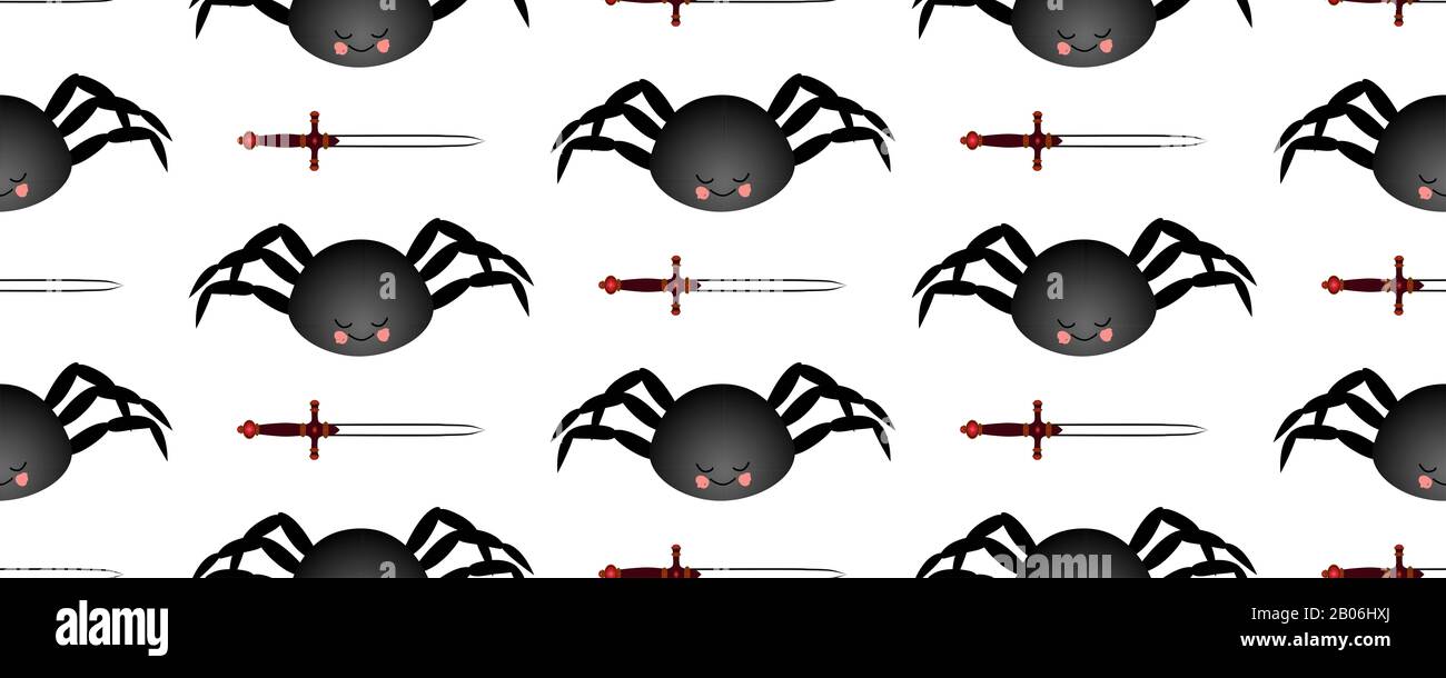 Black spider pattern. Mch on a dark background. Seamless pattern for textile and fabric design. Stock Photo