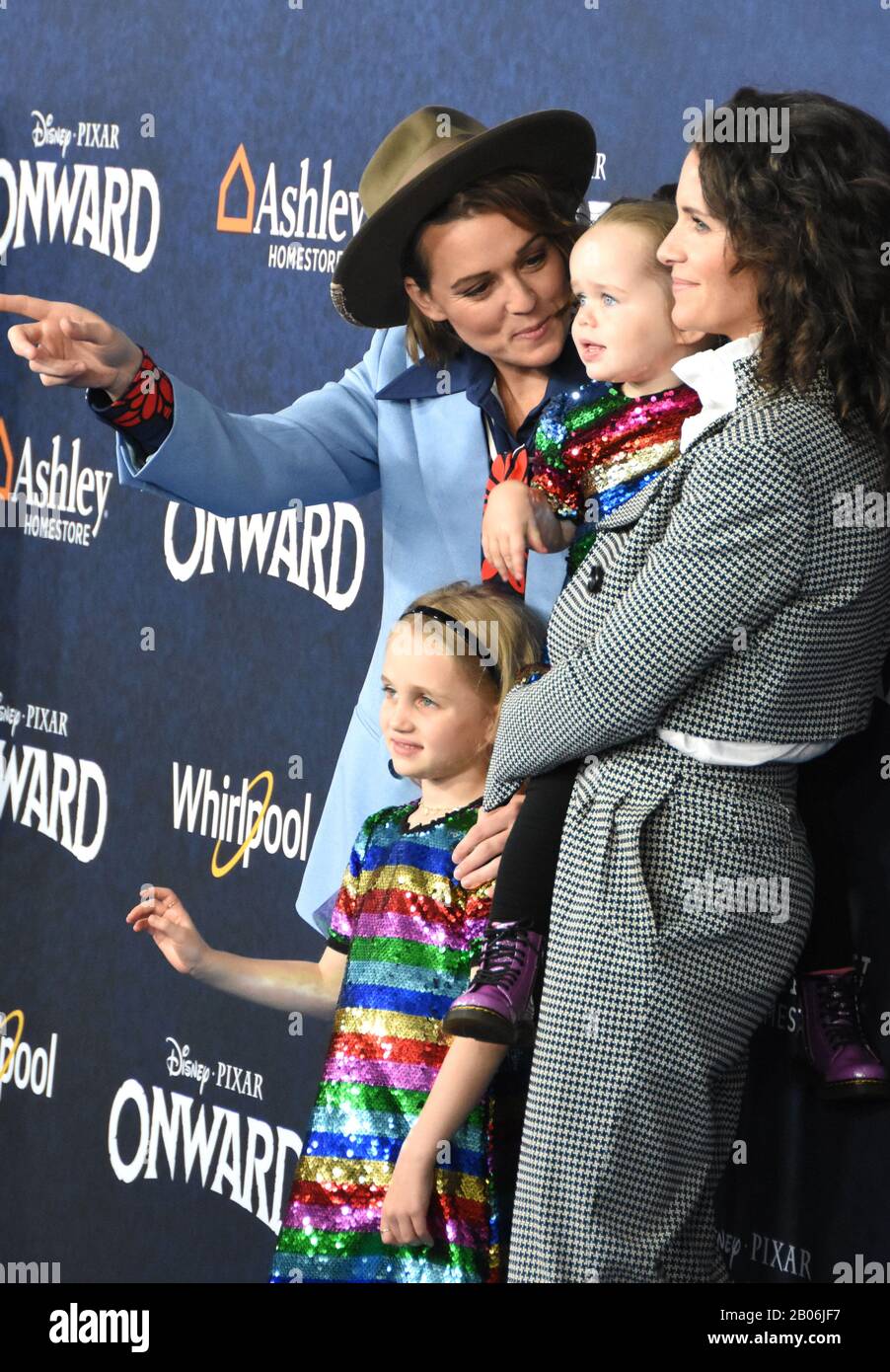 Hollywood, California, USA 18th February 2020 Singer/songwriter Brandi Carlile, daughters Evangeline Ruth Carlile and Elijah Carlile and Catherine Shepherd attend Disney Pixar 'Onward' World Premiere on February 18, 2020 at the El Capitan Theatre in Hollywood, California, USA. Photo by Barry King/Alamy Live News Stock Photo