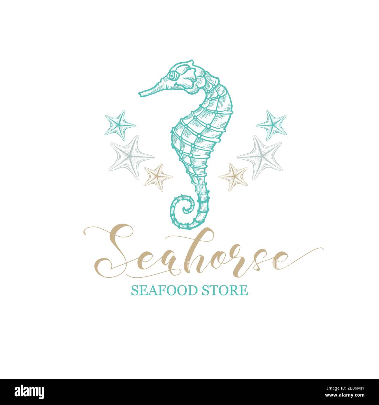 Seahorse vector logo for seafood store and fish market shop. Marine seahorse and starfish of premium quality stars with golden calligraphy in thin line drawing art design and pencil hatching style Stock Vector