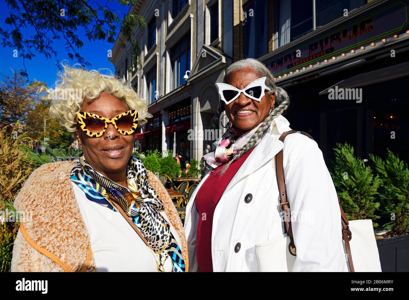 Older woman with freaky glasses, Harlem, Manhattan, New York City, New York State, USA Stock