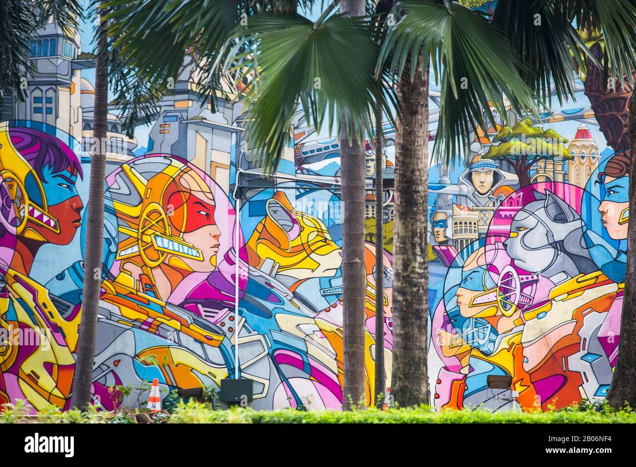 Beautiful wall mural paintings on a large wall behind Haji Lane