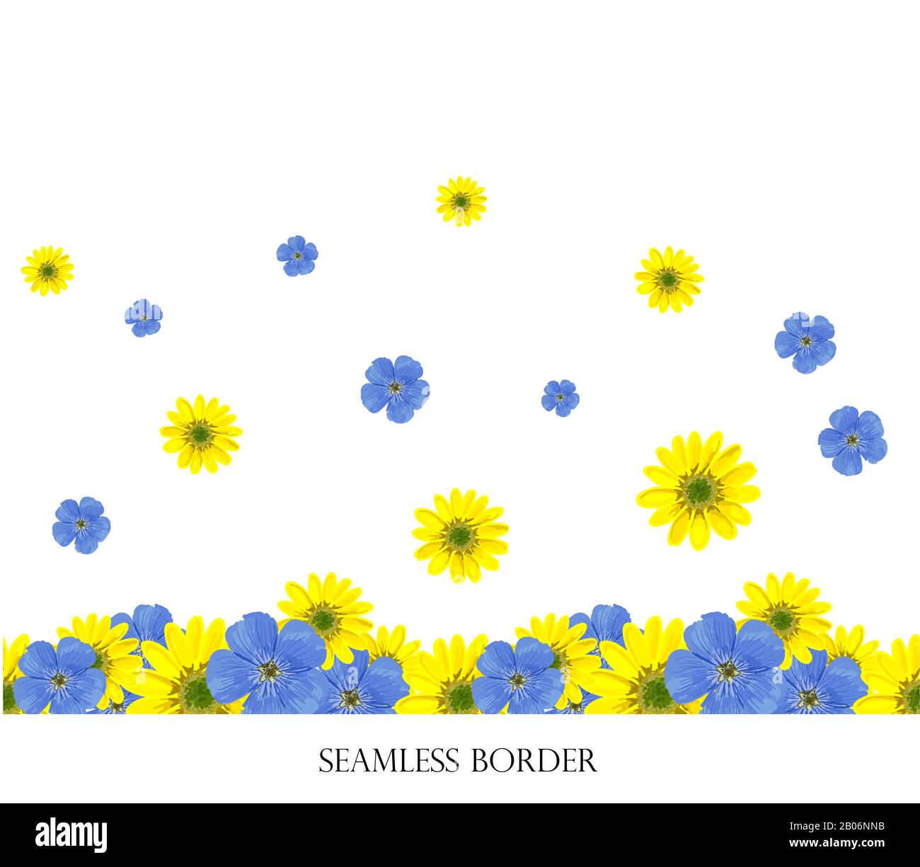 Seamless floral border with bright spring flowers. horizontal drawing ...