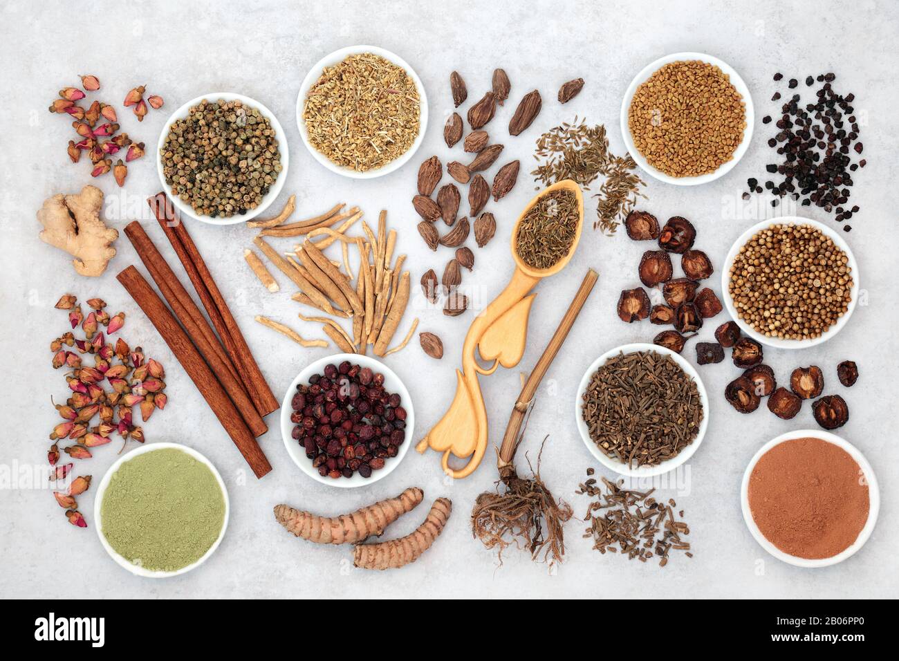 Herbal medicine collection with alternative and Chinese herbs for a healthy heart and cardiovascular system on marble background. Flat lay. Stock Photo