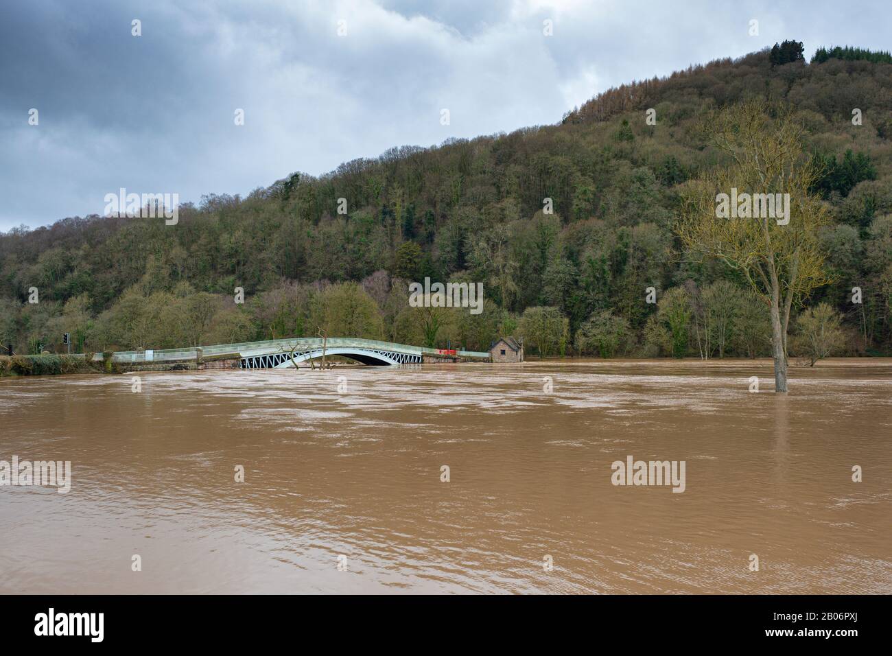 The River Wye in spate at Bigsweir on the Monmouthshire - Gloucestershire border. February 2020. Stock Photo