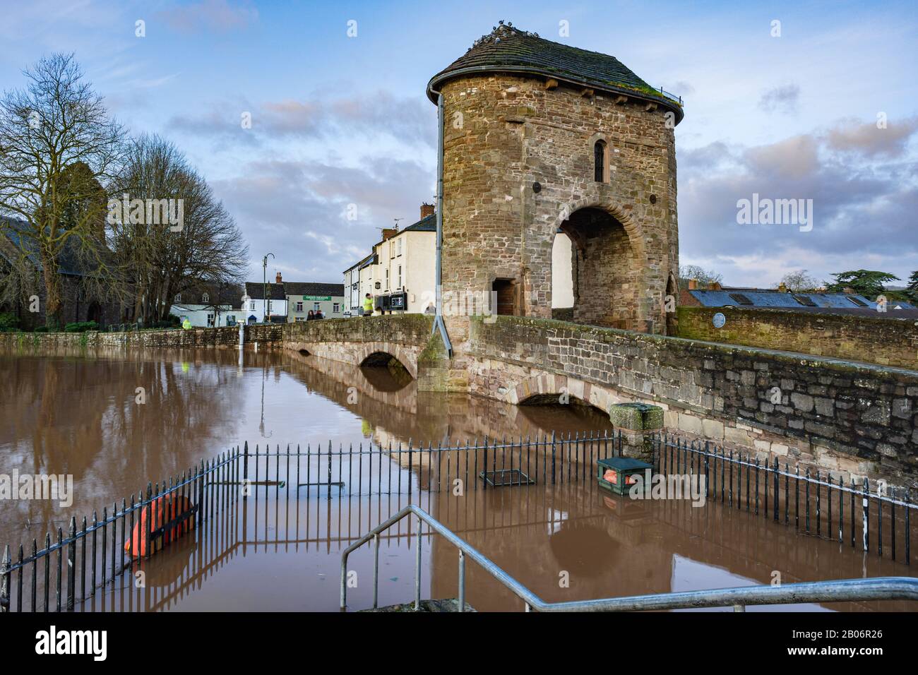 Record breaking high river levels threaten to overwhelm the historic Monnow bridge, at Monmouth in South Wales. February 2020. Stock Photo