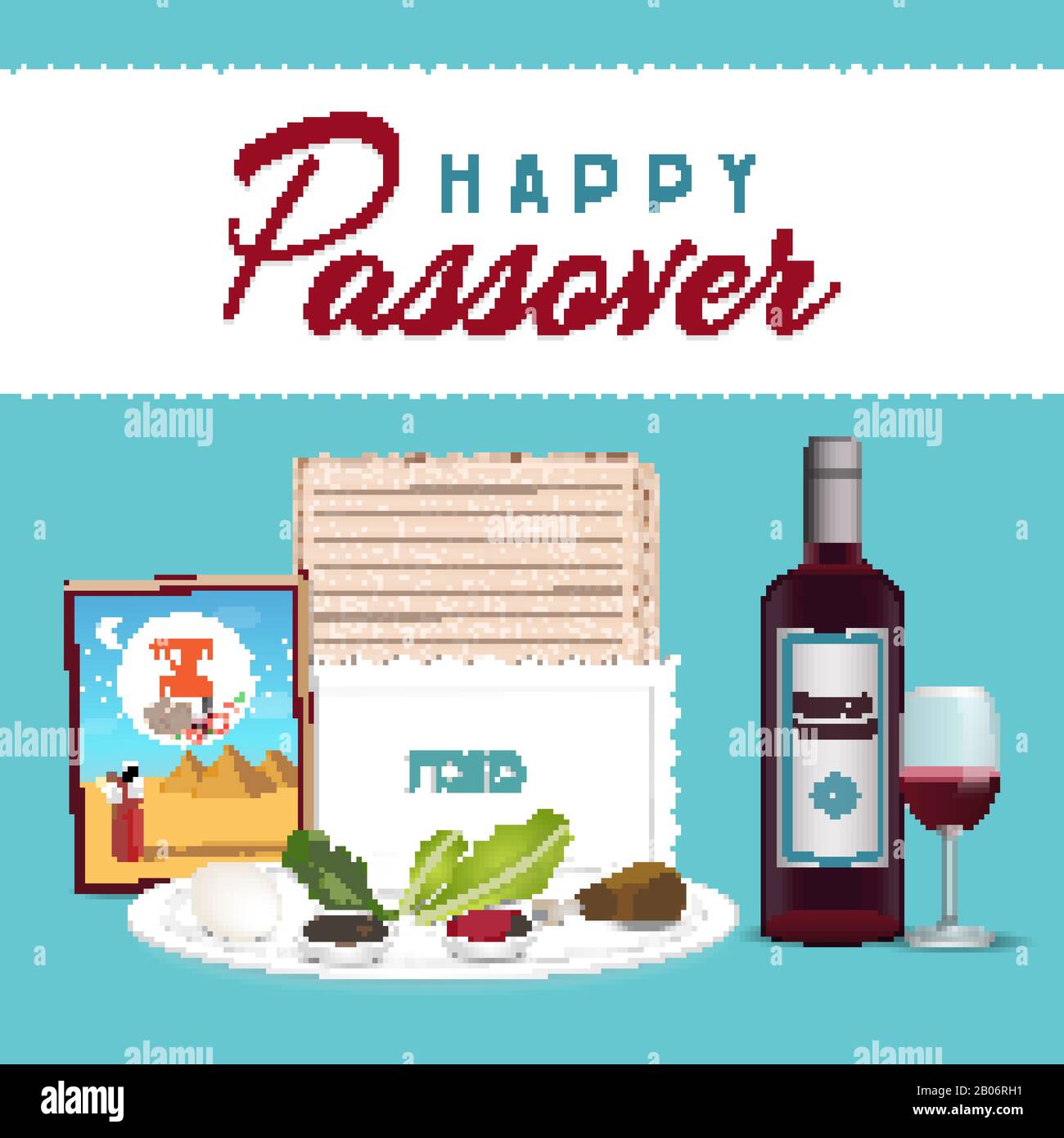 Happy Passover in hebrew Jewish holiday banner tamplate with wine, seder plate, matzo Stock Vector