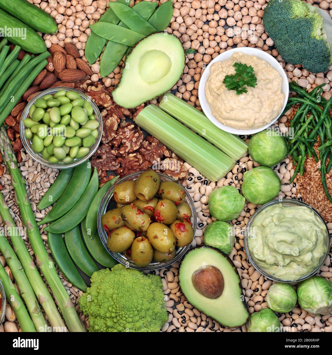 Vegan health food choice with plant based foods high in protein, omega