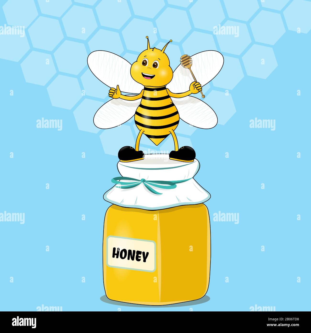 Cartoon cute bee mascot pointing holding honey dipper standing on honey