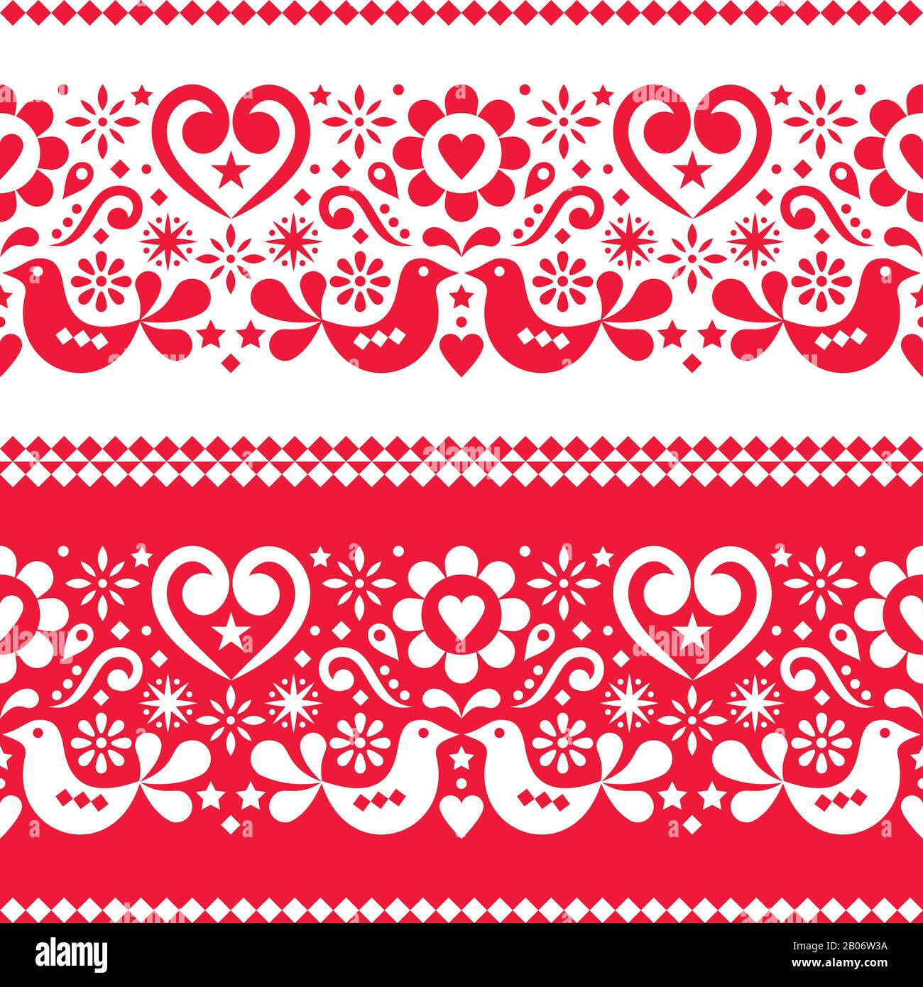 Seamless Scandinavian folk art vector pattern with birds, hearts and flowers in red and white Stock Vector