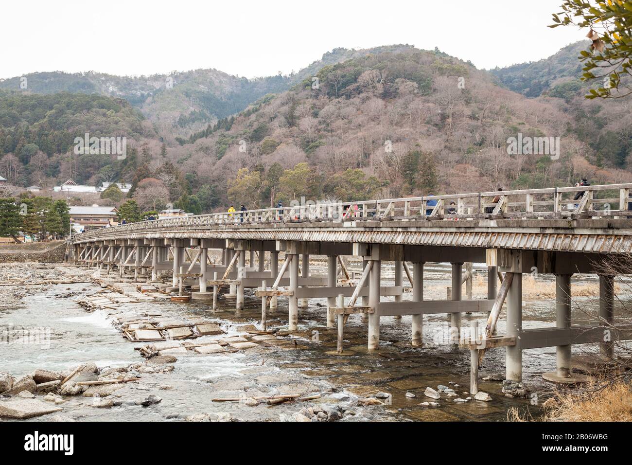 autumn background Togetsukyo bridge Hozu river in Arashiyama district Kyoto, Japan., The famous Togetsukyo Bridge in Arashiyama Kyoto, Japan. Stock Photo