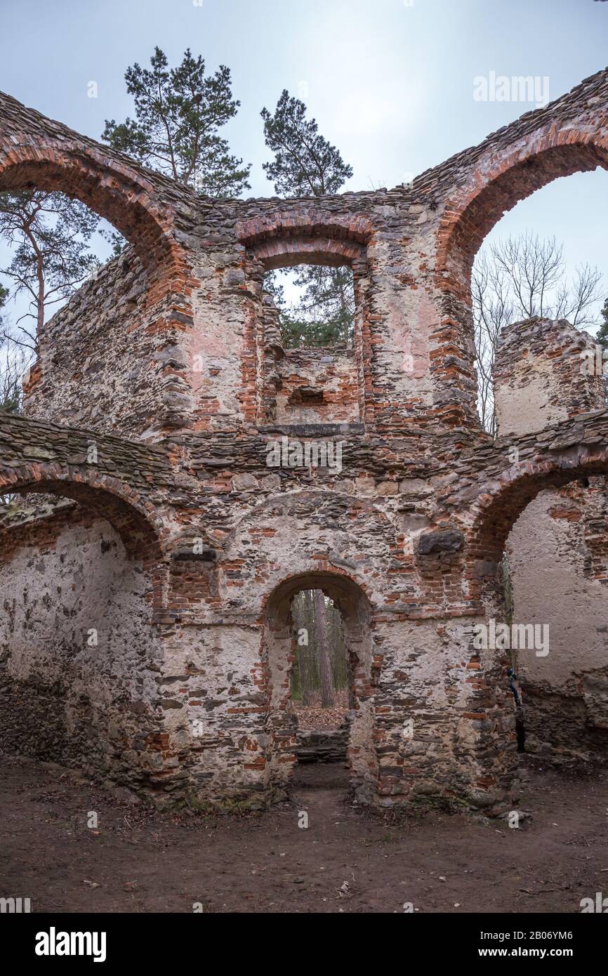 Ruins of Belvedere Summer Palace A Chapel of Sts. John the Baptist in Czech republic on a hill Vysoka. Stock Photo