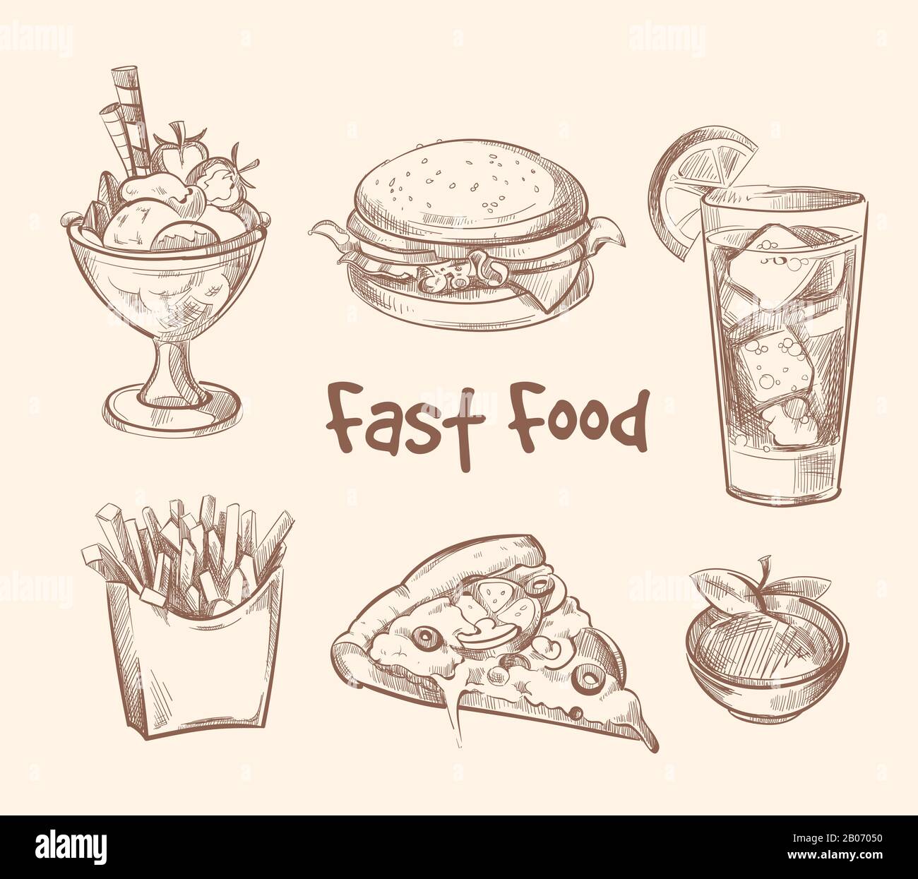 Fast food vector set in hand drawn sketch style. Burger and hamburger, pizza and ice cream illustration Stock Vector