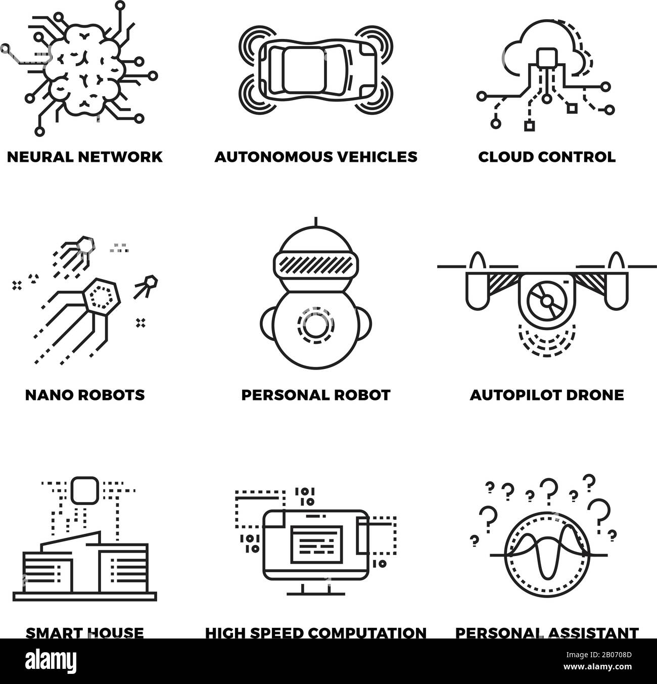Artificial intelligence ai robot thin line icons. Neural network and autonomous vehicle, cloud control and, autopilot drone. Vector illustration Stock Vector