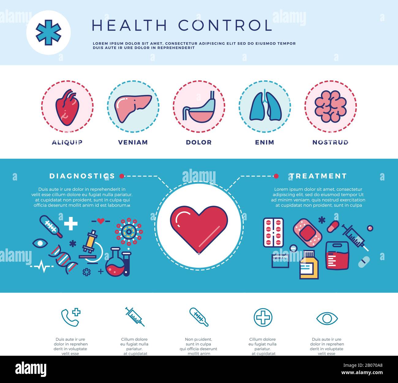 Health control technology, medicine healthcare vector concept for web design. Medical diagnostics and treatment illustration Stock Vector