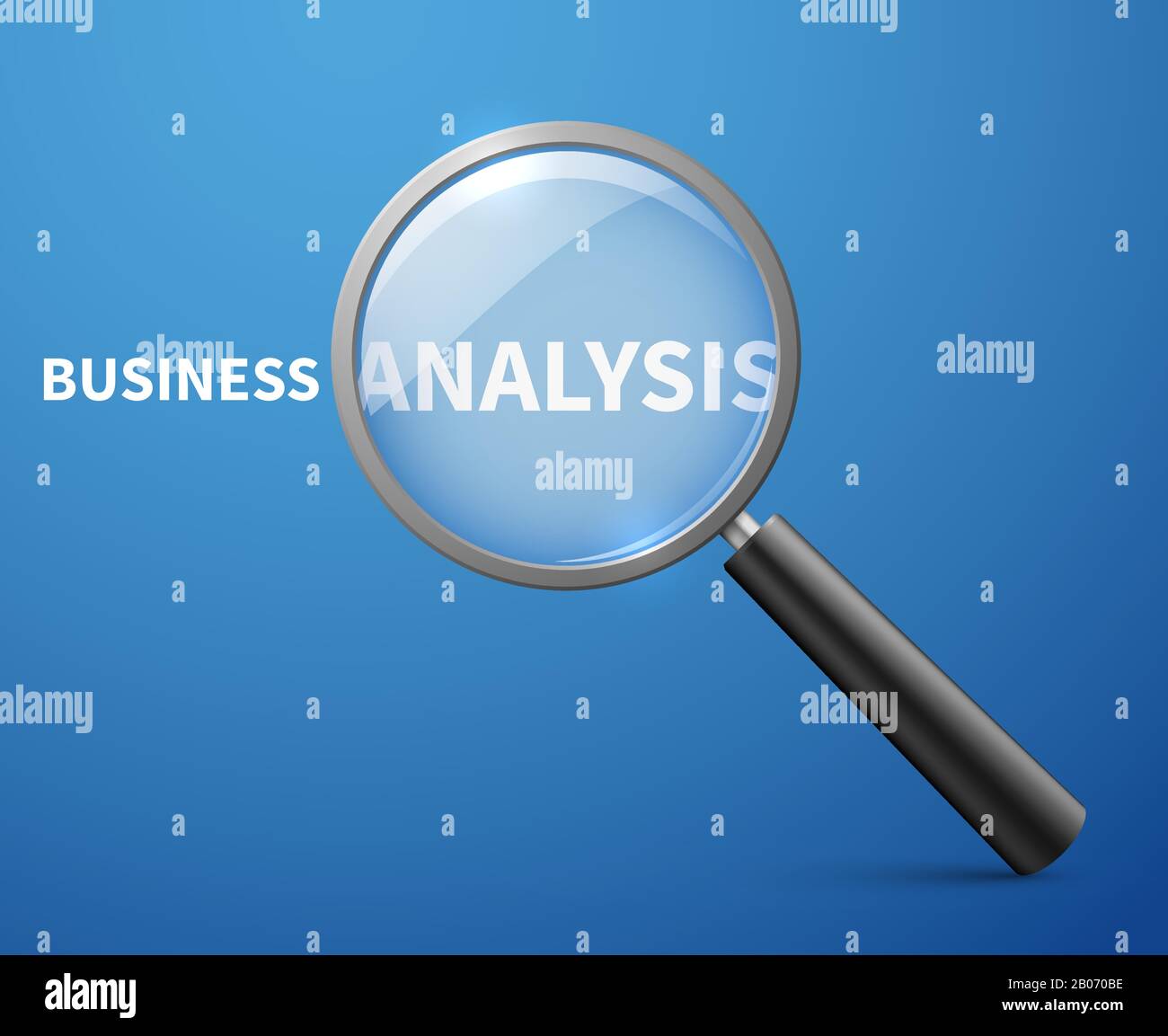 Business analysis vector concept background with magnifying glass. Research and analytic, analyze and strategy illustration Stock Vector