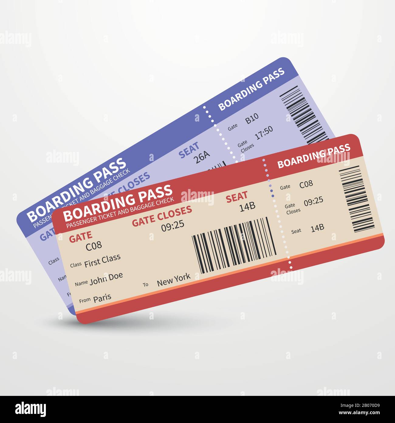 Airline boarding pass tickets to plane for travel journey pr holiday. Vector illustration Stock Vector