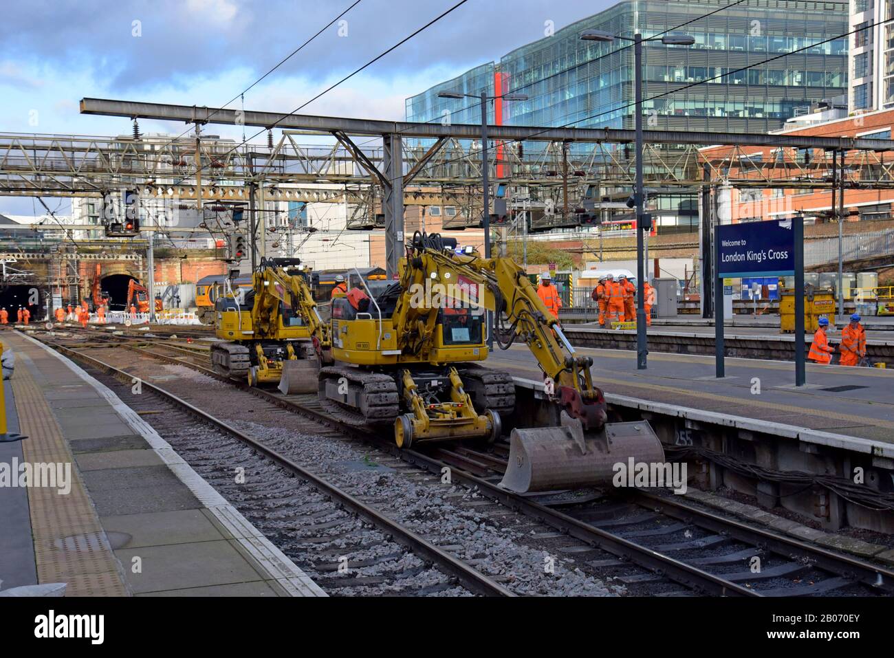 Network Rail staff with railroad plant & machinery at London King's Cross Station for track