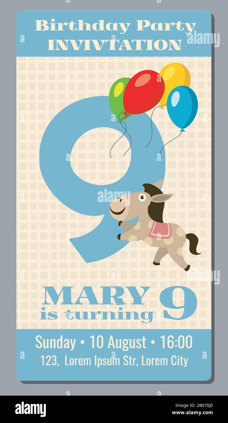 Birthday party invitation card with cute horse vector template 9 years old. Poster invintation to birthday celebrate illustration Stock Vector