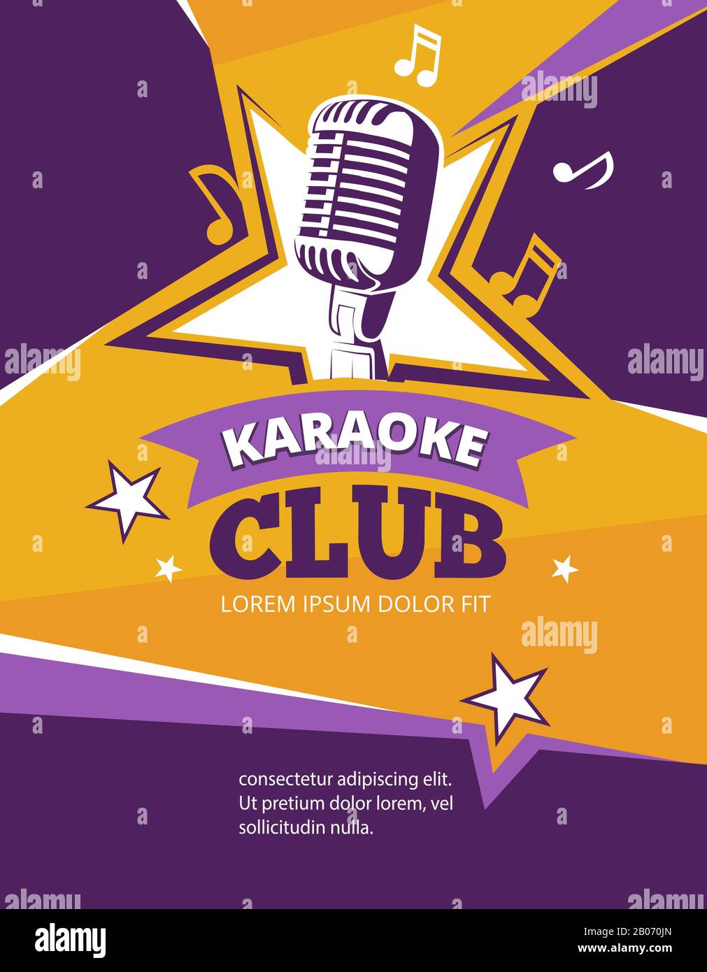 Karaoke party vector poster. Music karaoke club banner with retro microphone illustration Stock Vector